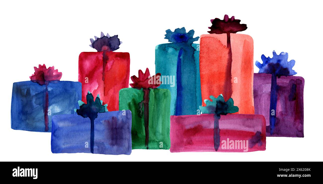 Confezioni regalo colorate con colori acquerelli e composizione ad arco. Vivace schizzo dipinto a mano del poster delle confezioni natalizie. semplice elemento di design astratto isolato Foto Stock