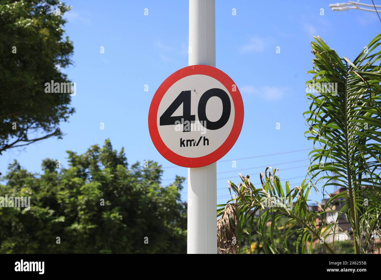 Limite di velocità sulle strade pubbliche salvador, bahia, brasile 2 maggio 2024: I segnali stradali indicano un limite di velocità di 40 chilometri all'ora sulle strade della città di Salvador. SALVADOR BAHIA BRASILE Copyright: XJoaxSouzax 020524JOA152 Foto Stock