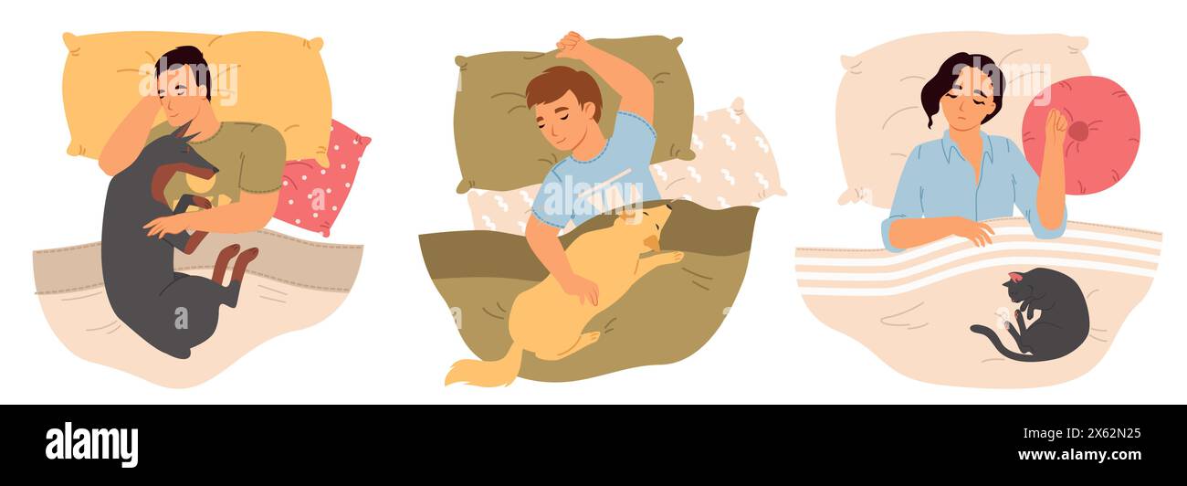Persone che dormono con cani e gatti sdraiati a letto Illustrazione Vettoriale