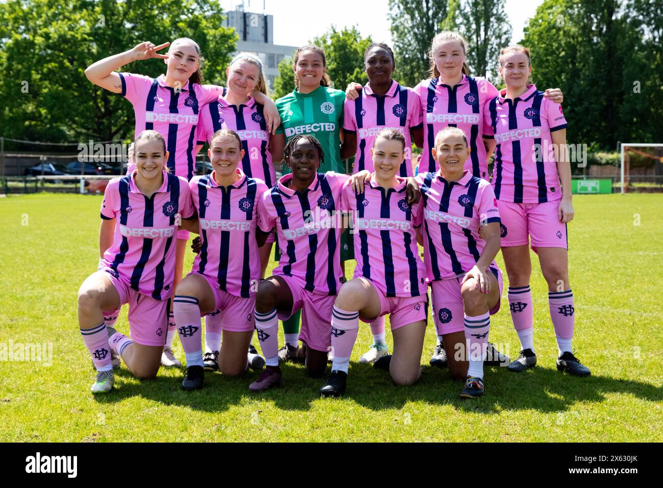 Crawley, Regno Unito. 12 maggio 2024. Giocatori del Dulwich Hamlet a partire da XI alla partita di London and South East Regional Womens Premier League tra AFC Crawley e Dulwich Hamlet al Three Bridges FC. Crediti: Liam Asman/Alamy Live News Foto Stock