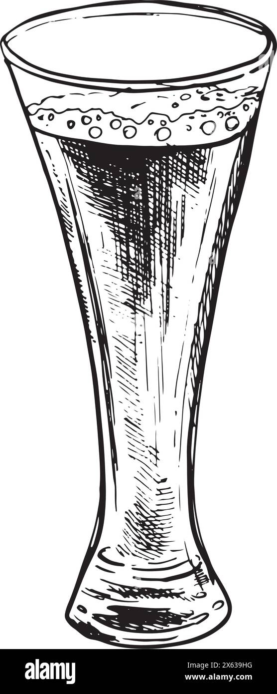 Bicchiere per birra con schiuma. Schizzo nero di vetro disegnato a mano. Illustrazione vettoriale di bicchieri d'acqua. Stile piatto in vetro Symbol. Illustrazione Vettoriale