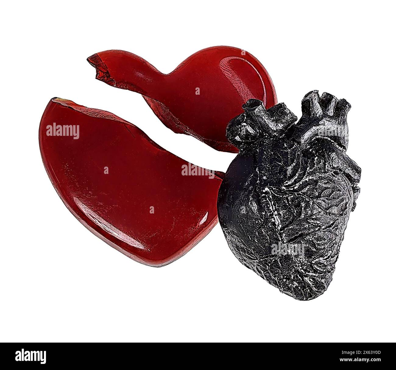 Un cuore di vetro rosso rotto e un cuore annerito dopo un divorzio o una rottura Foto Stock