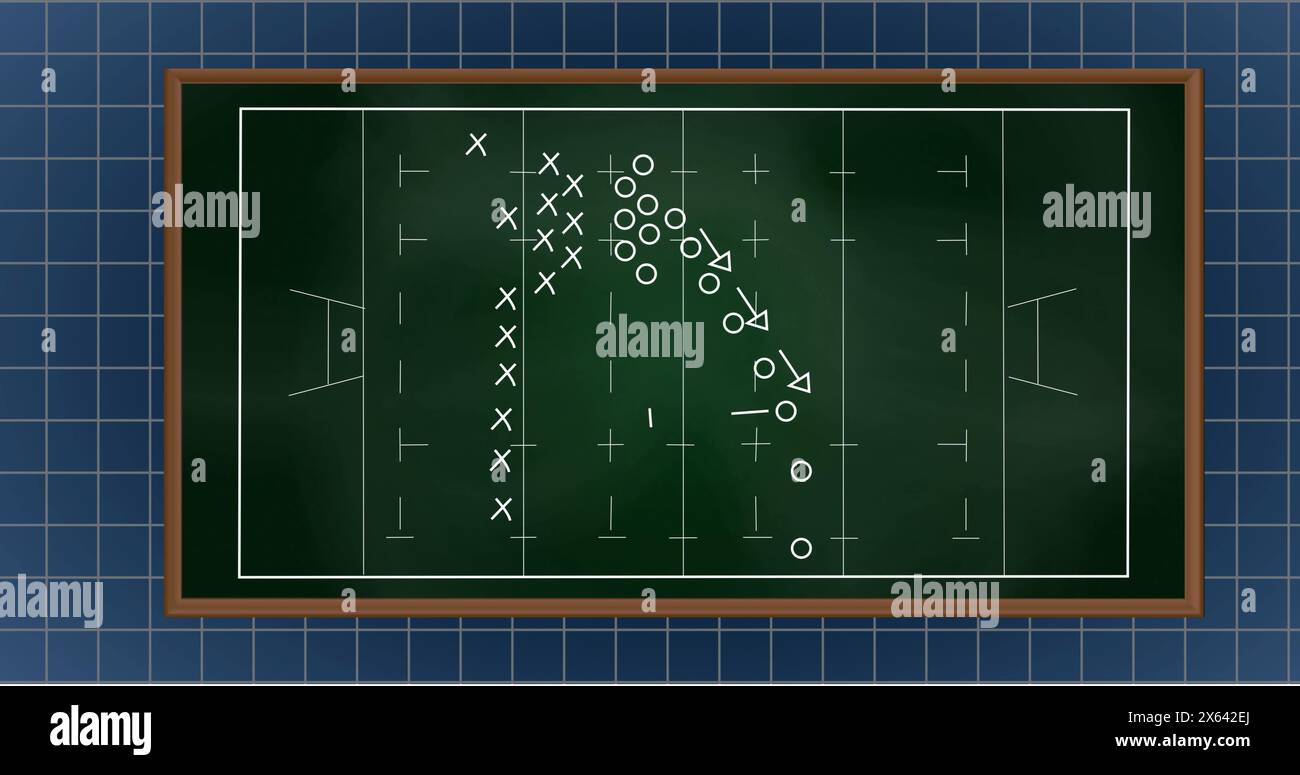 Immagine di un tabellone scolastico che mostra i diagrammi di gioco del calcio con i segni x e O. Foto Stock