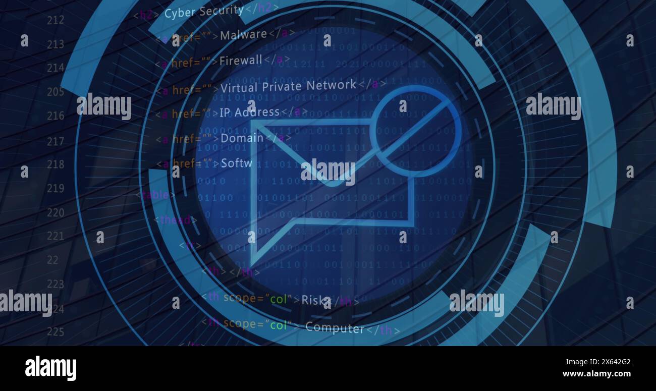 Immagine dell'icona del blocco messaggi sullo scanner rotondo e dell'elaborazione dei dati in un edificio alto Foto Stock