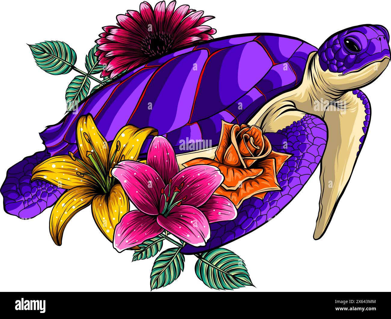Illustrazione vettoriale di tartaruga marina con fiore su sfondo bianco Illustrazione Vettoriale
