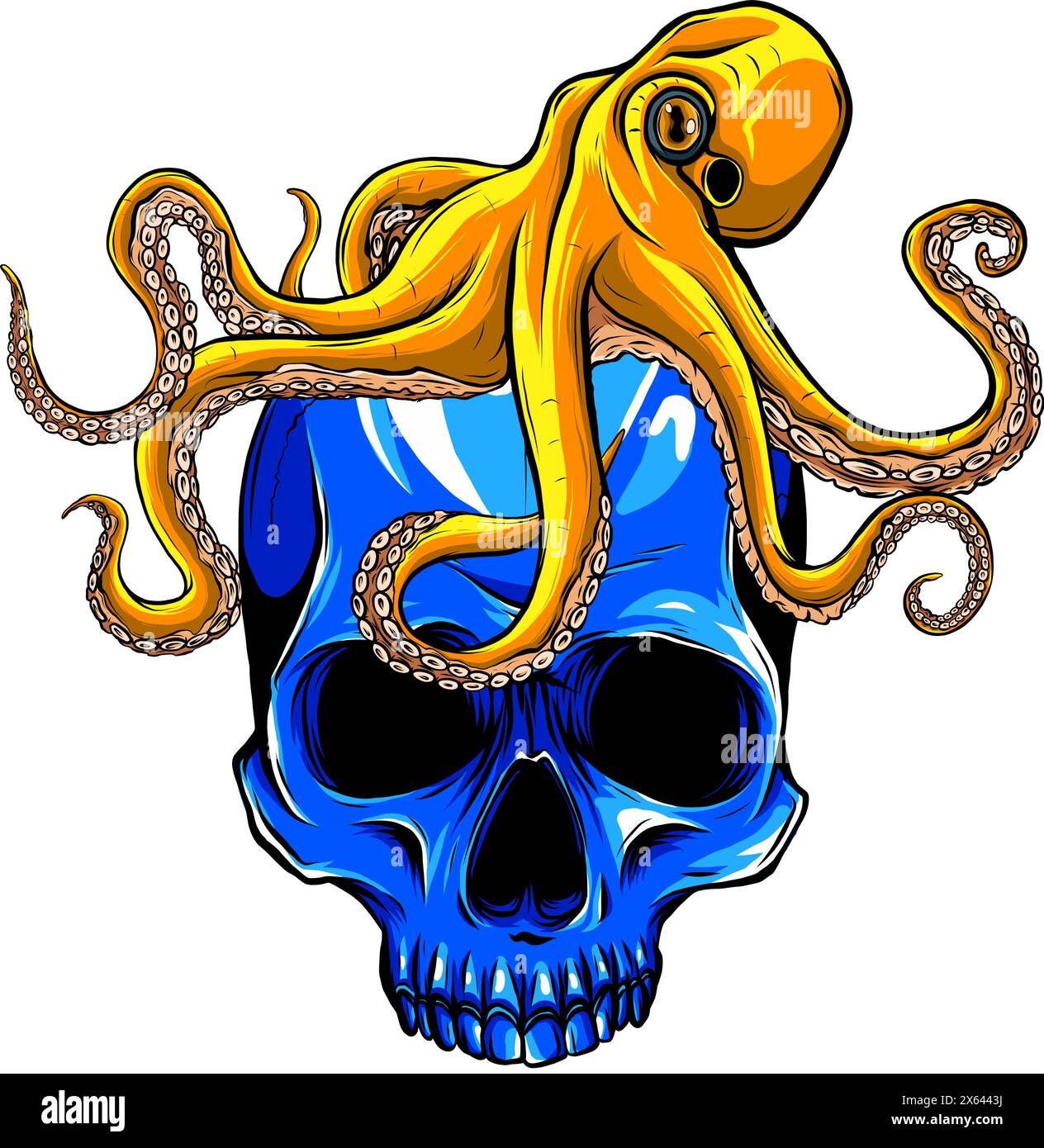 illustrazione vettoriale di kraken verde con cranio rosso su sfondo bianco. disegno digitale Illustrazione Vettoriale