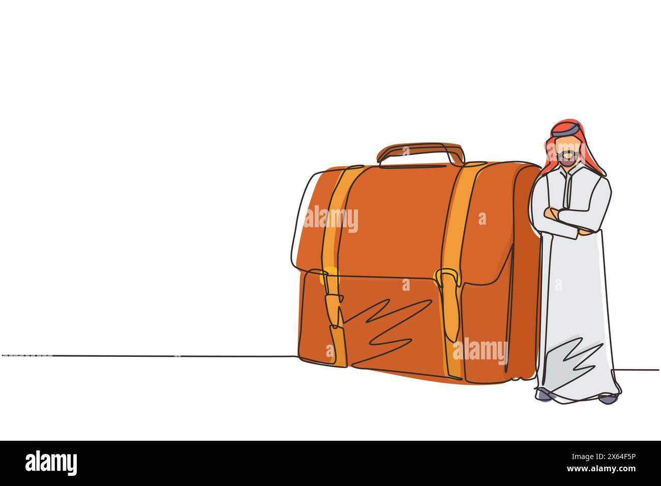 Una linea continua che disegna un imprenditore arabo moderno e fiducioso appoggiato a una valigetta grande. Uomo d'affari arabo in piedi con una posa elegante. Singolo Illustrazione Vettoriale