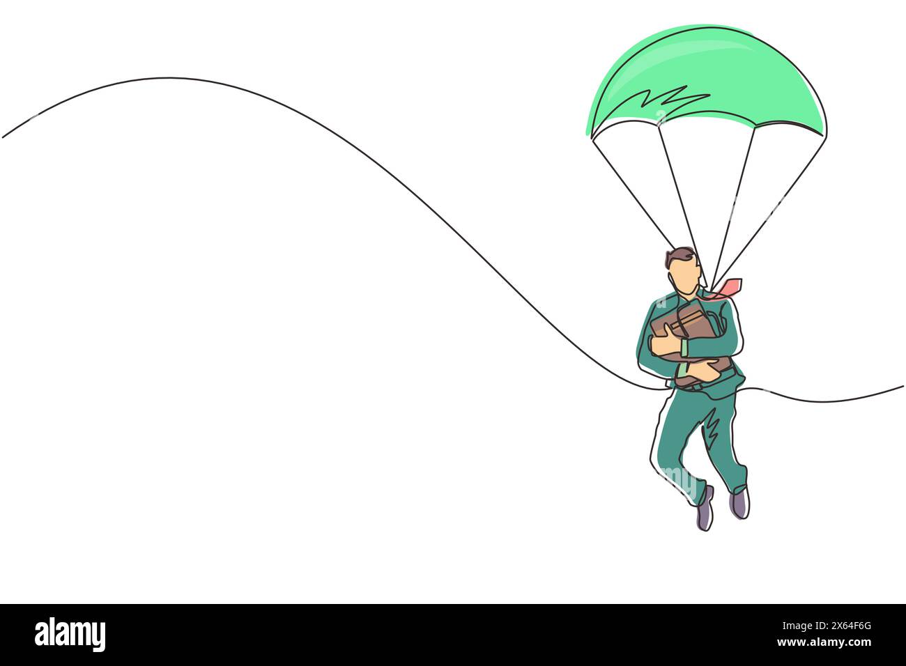 Un uomo d'affari con una sola linea che porta con sé la valigetta e salta con il paracadute. Concetto di sicurezza e pericolo per gli uomini d'affari. Continuo Illustrazione Vettoriale