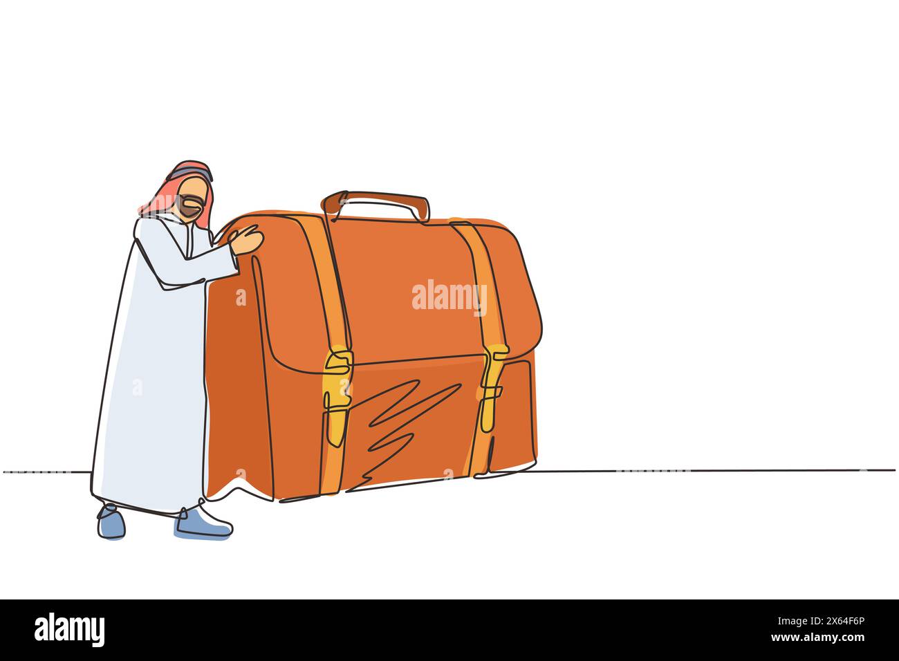 Una sola linea che disegna un gioioso uomo d'affari arabo abbraccia la valigia con i soldi. Capo e caso con soldi. Obiettivo di successo per i viaggi d'affari. Moderno Illustrazione Vettoriale