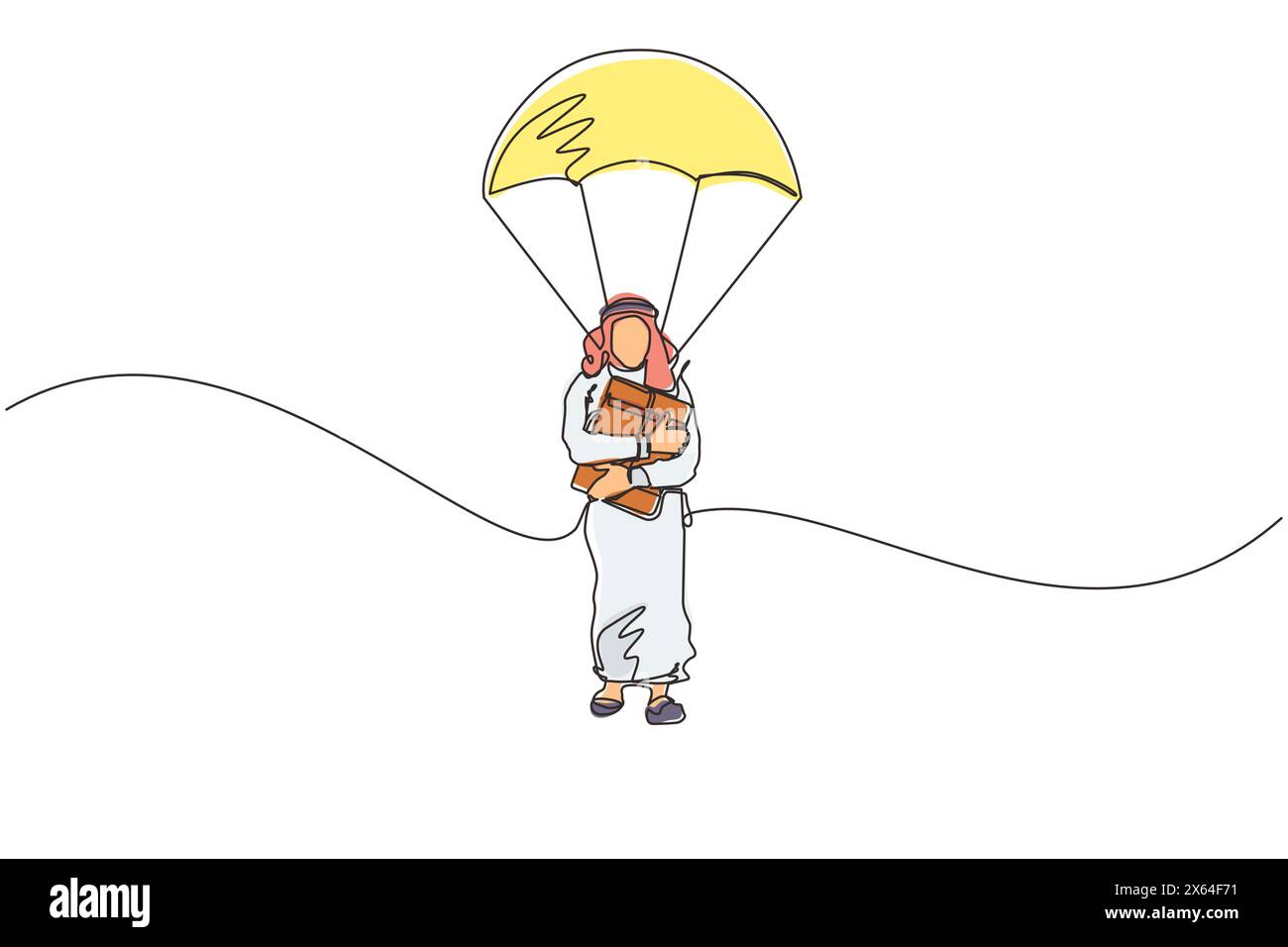 Un uomo d'affari arabo con una sola linea continua che tiene in mano la valigetta e salta con il paracadute. Concetto di sicurezza e pericolo per gli uomini d'affari. Illustrazione Vettoriale