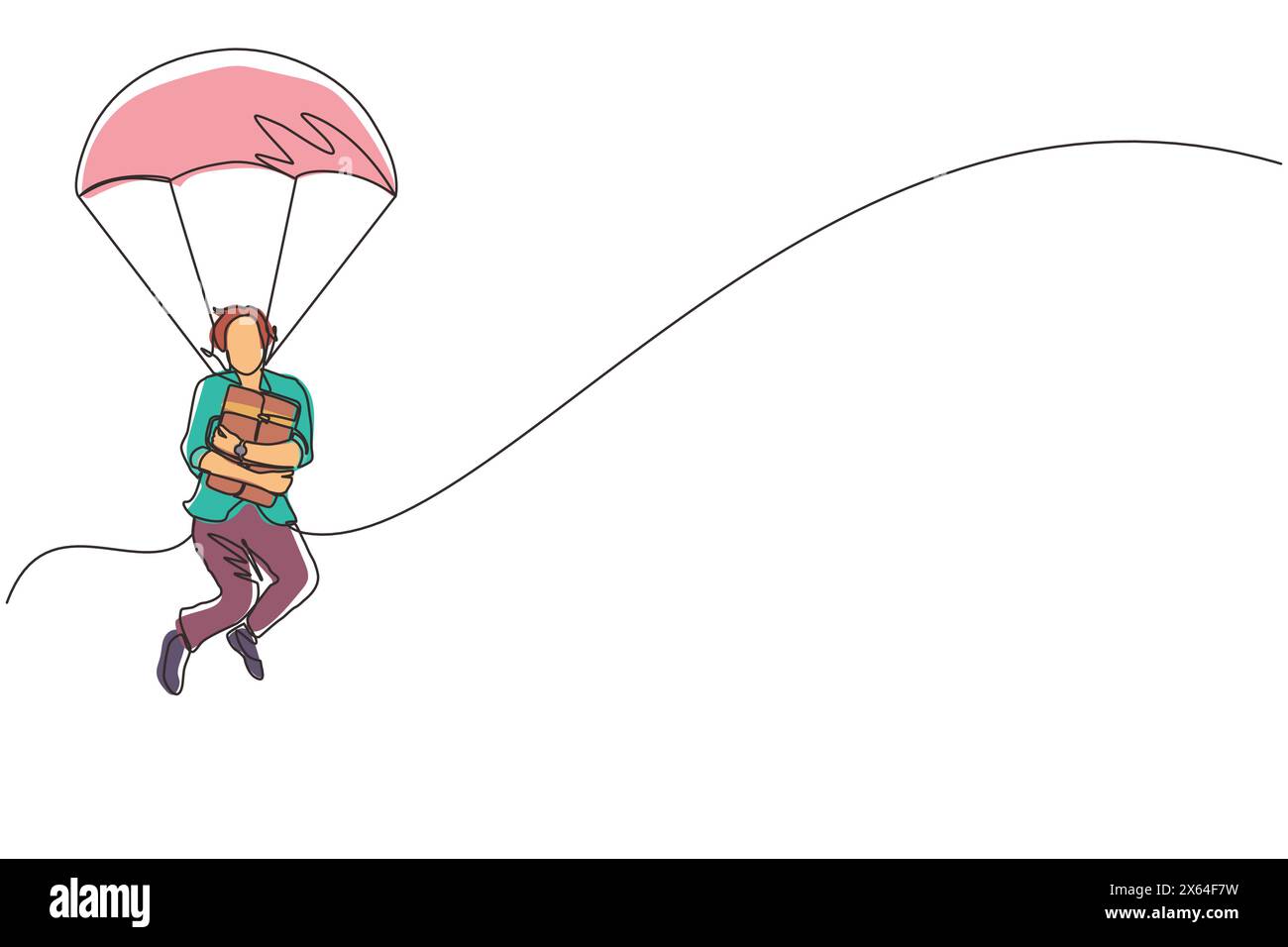 Donna d'affari con una sola linea che disegna con la valigetta e salta con il paracadute. Concetto di sicurezza e pericolo per gli uomini d'affari. Continua Illustrazione Vettoriale