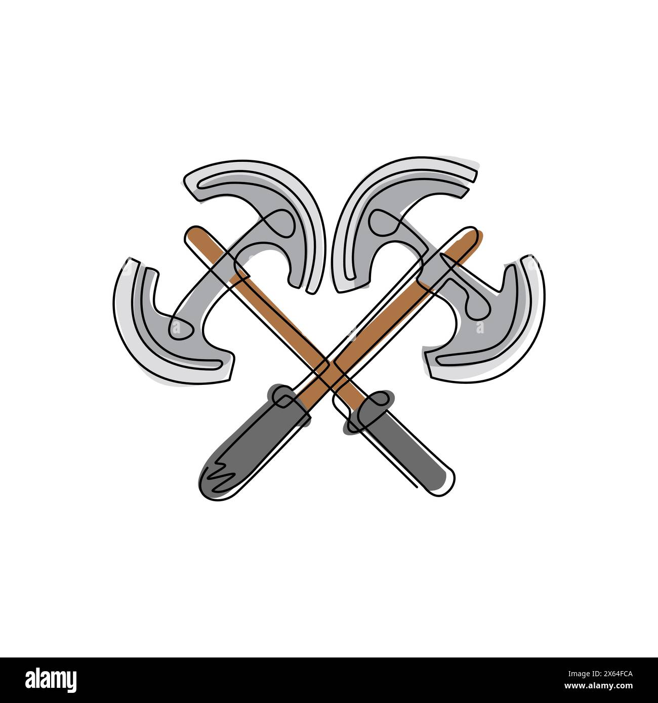 Singola linea continua disegnando due asce larghe incrociate, ascia medievale, ascia da battaglia, ascia carneficina. Elemento per il fregio o l'icona della lavorazione del legno o del boscaiolo. Illustrazione Vettoriale