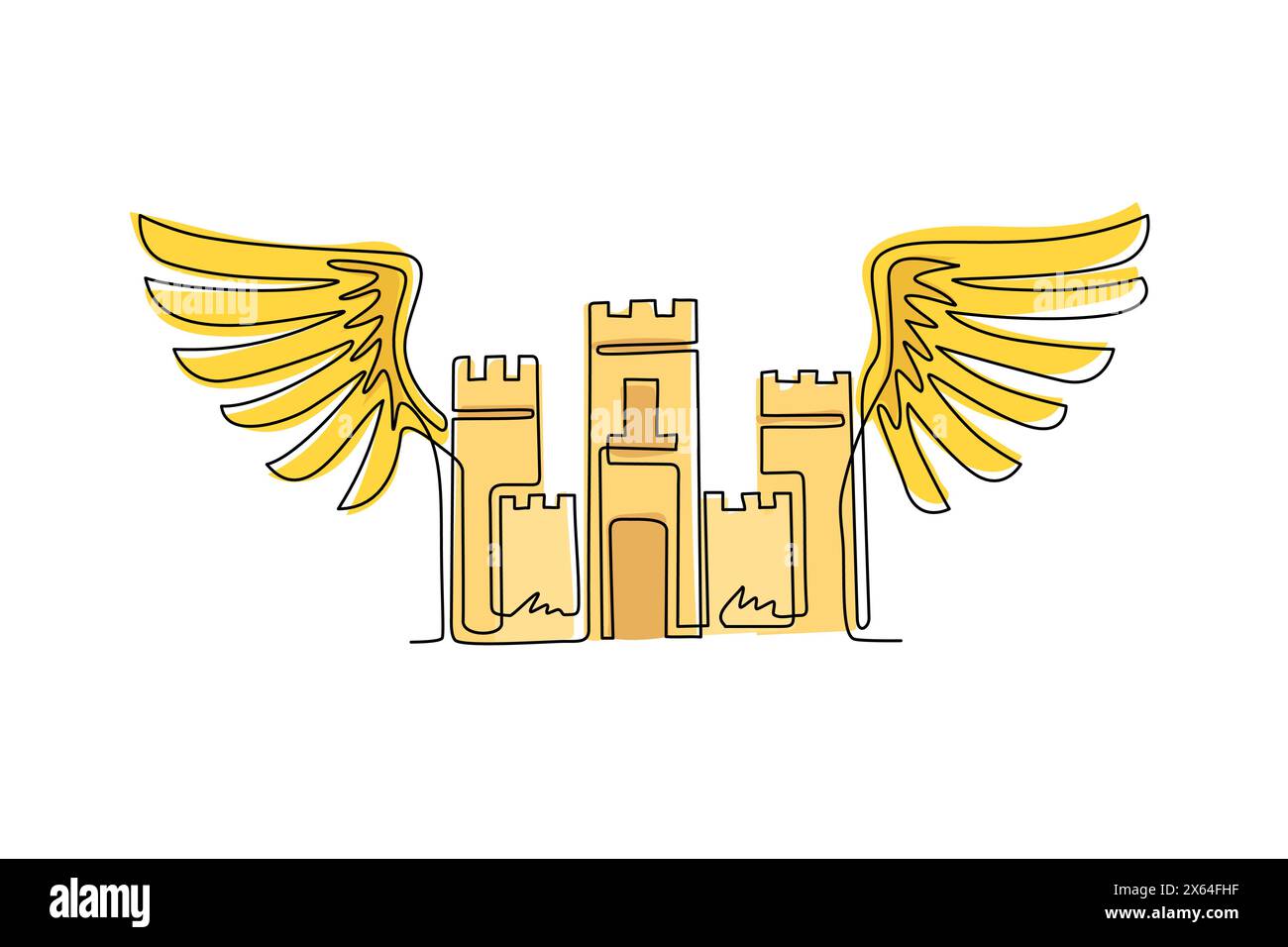 Singola linea che disegna l'antico emblema del castello con le ali. Stemma araldico logo decorativo isolato. Logotipo ornato in vecchio stile su sfondo bianco Illustrazione Vettoriale