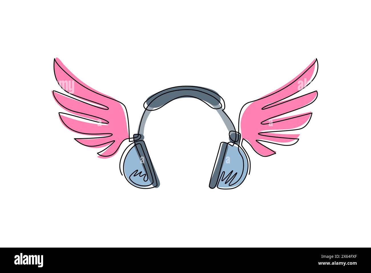 Cuffie singole con disegno a una linea con il simbolo delle ali. Pittogramma delle ali delle cuffie musica per logo, icona e identità modello piatto. Continuou moderno Illustrazione Vettoriale