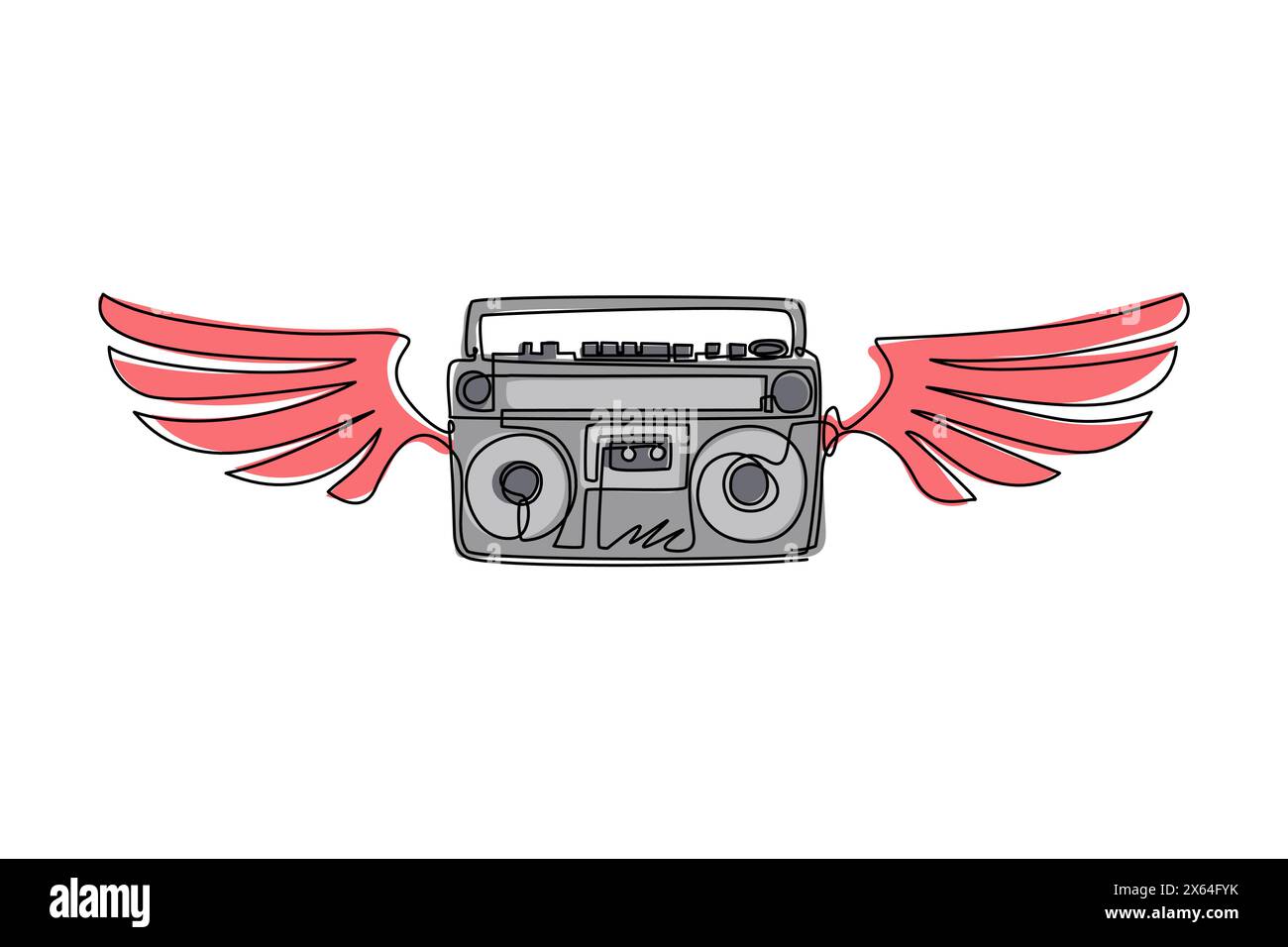 Emblema musicale bianco e nero del boombox alato con disegno a linea continua. Registratore a nastro, graffiti monocromatici con alette. Icona radio retro. Attivazione dinamica Illustrazione Vettoriale