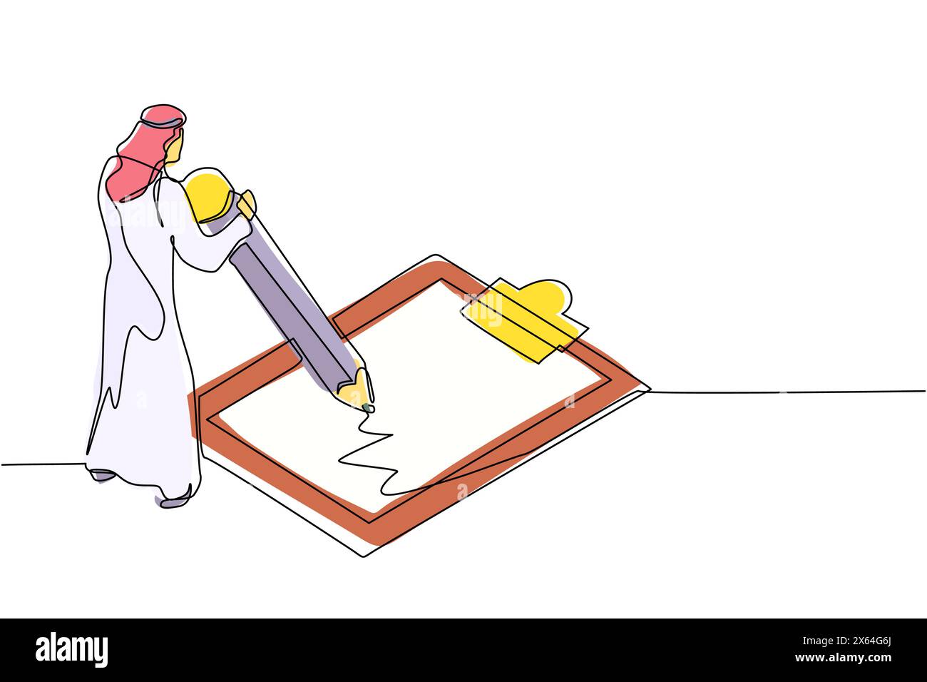 Un uomo d'affari arabo ha compilato il questionario. Uomo in piedi vicino a una grossa lista di controllo. Maschio con matita scrive il test sugli appunti. Peccato Illustrazione Vettoriale