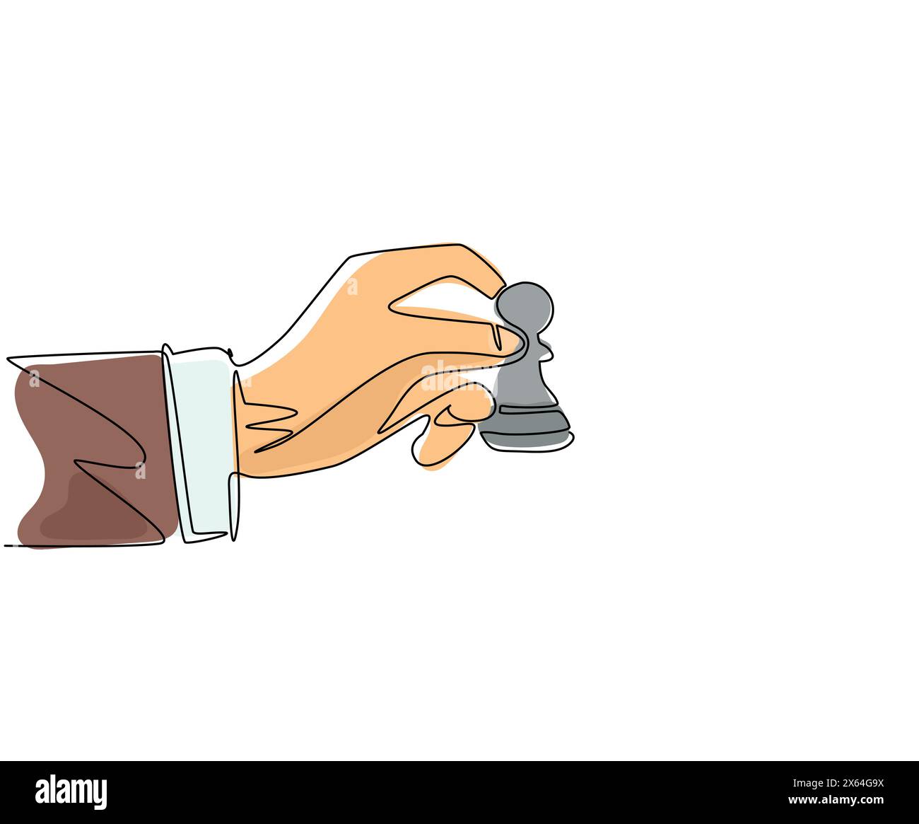 Disegno di una linea continua singola concetto aziendale illustrazione di un uomo d'affari che tiene a mano il pedone degli scacchi, strategia, concetto di spostamento strategico. Dinamico o Illustrazione Vettoriale