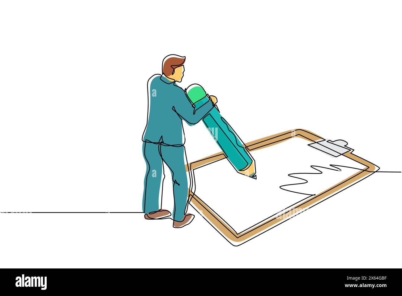 Un unico uomo d'affari che disegna una linea continua ha compilato il questionario. Un tizio con la matita scrive un test. Uomo in piedi vicino a una grossa lista di controllo. Maschio scrive sulla clip Illustrazione Vettoriale