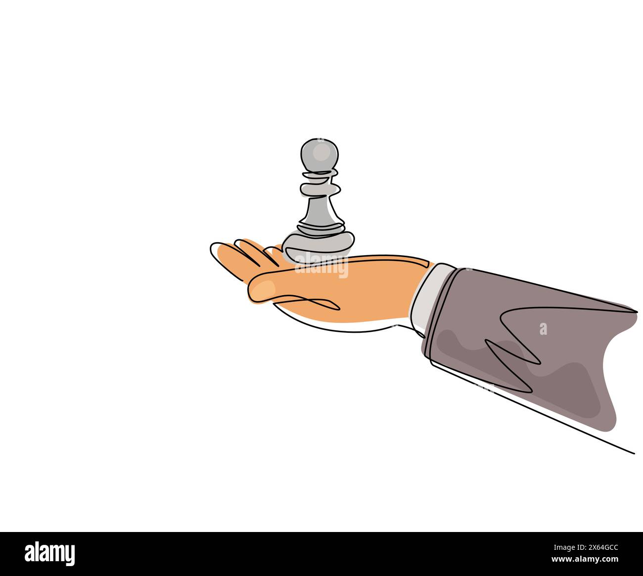 Una sola linea disegna a mano tenendo una pedina a scacchi. Gestione della strategia aziendale. Offerta di partnership. Sport, competizione, competitiva, strategica. C Illustrazione Vettoriale