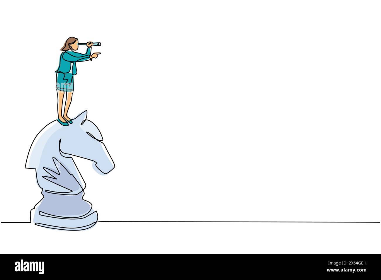 Una sola linea che attira una donna d'affari attiva sopra un pezzo di grande scacchi a cavallo con un telescopio in cerca di successo, opportunità, futuro trend di business Illustrazione Vettoriale