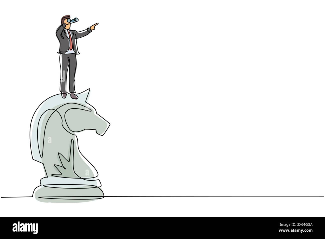 Un'unica linea che attira un uomo d'affari sopra un grande pezzo di scacchi a cavallo con un telescopio in cerca di successo, opportunità, tendenze commerciali future. Contin Illustrazione Vettoriale