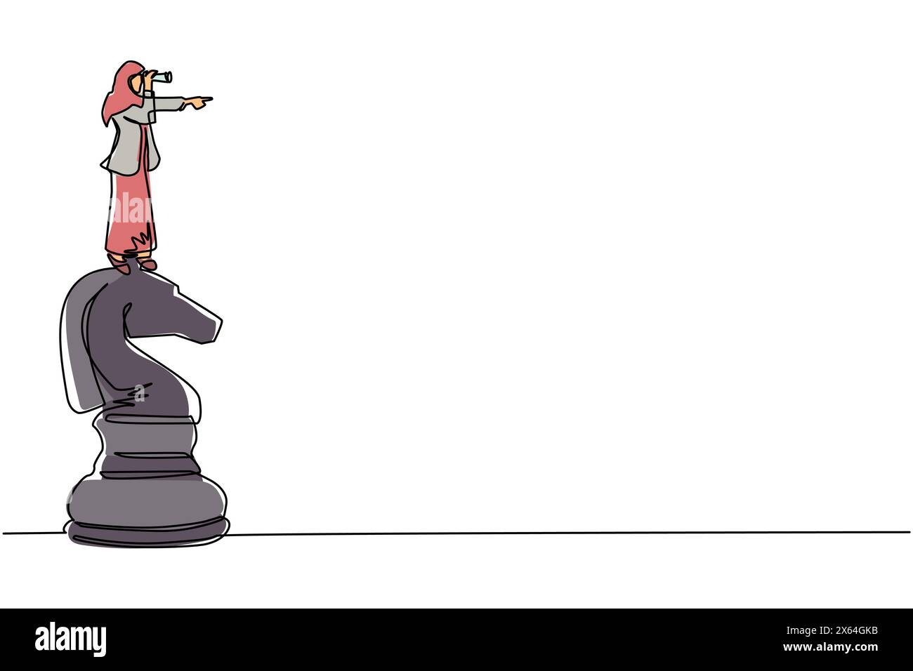 Linea singola continua che disegna una donna d'affari araba su un grande pezzo di scacchi a cavallo con un telescopio in cerca di successo, opportunità, affari futuri Illustrazione Vettoriale