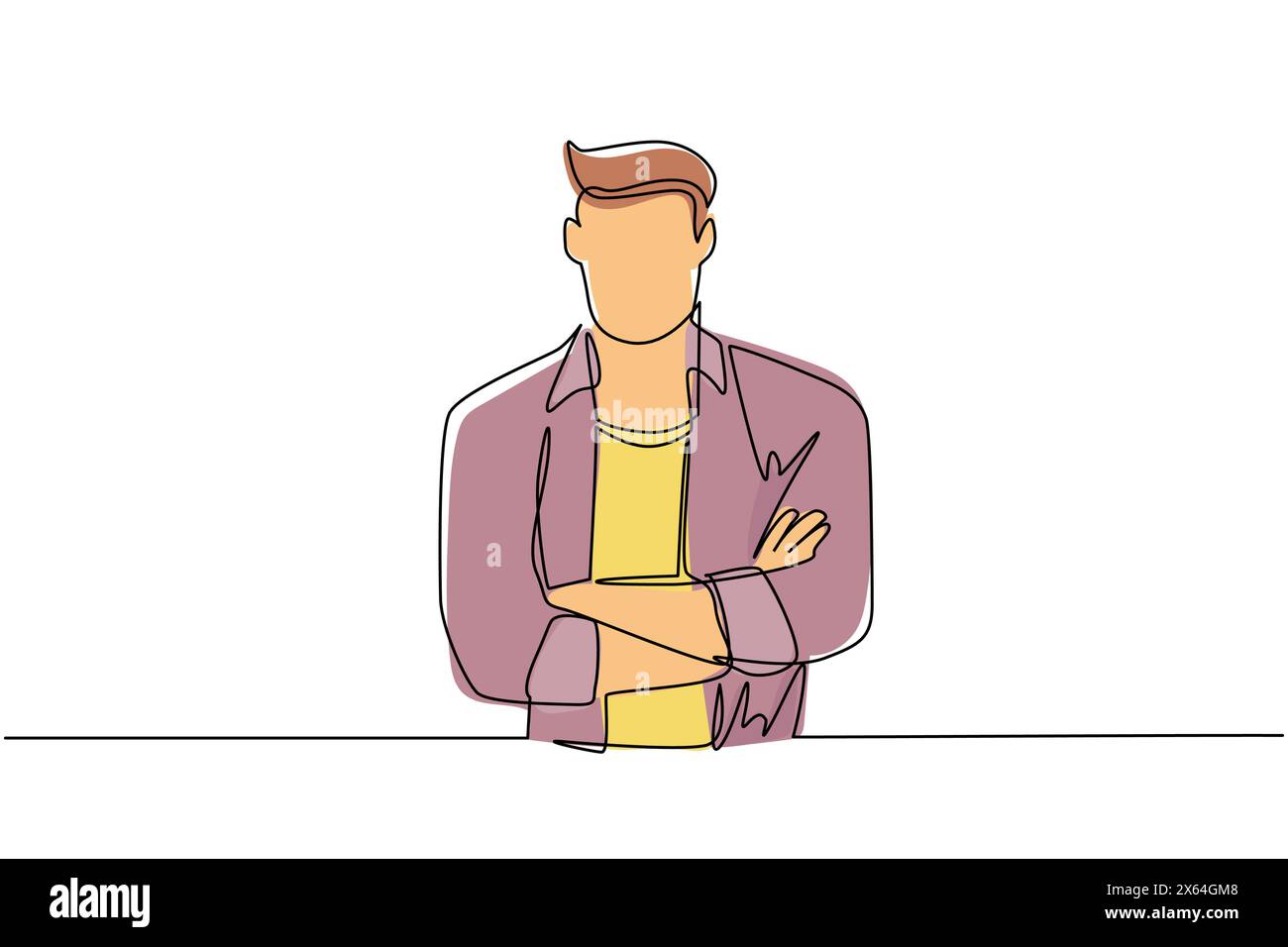 Linea singola continua disegnando un giovane in maglia sorridente e sicuro di sé, tenendo le braccia incrociate. Uomo d'affari attivo in piedi con le braccia piegate in posa. Dinamica Illustrazione Vettoriale