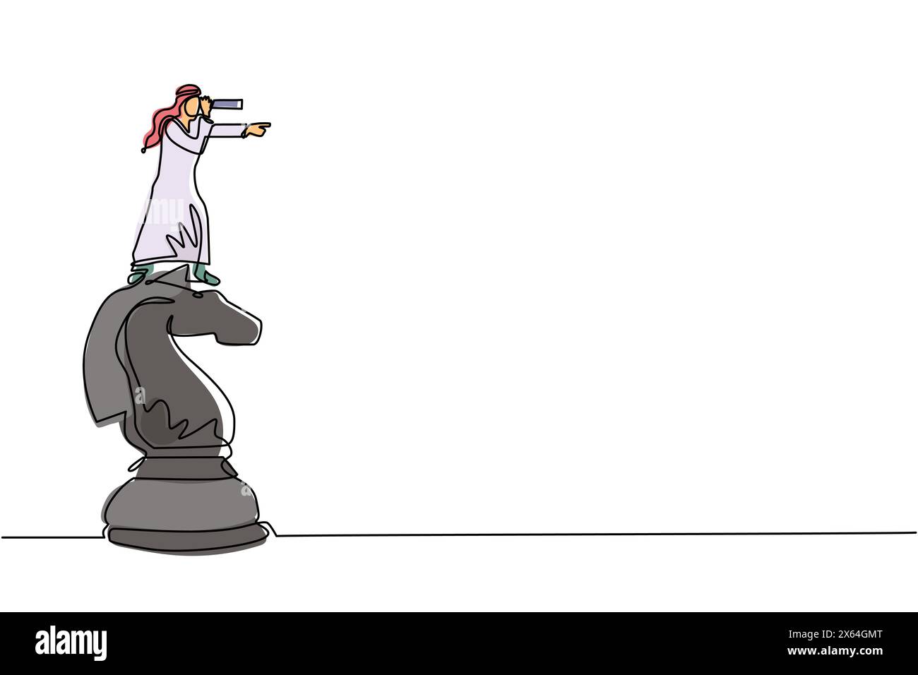 Linea singola continua che disegna un uomo d'affari arabo in cima a un grande pezzo di scacchi a cavallo con un telescopio in cerca di successo, opportunità, affari futuri Illustrazione Vettoriale