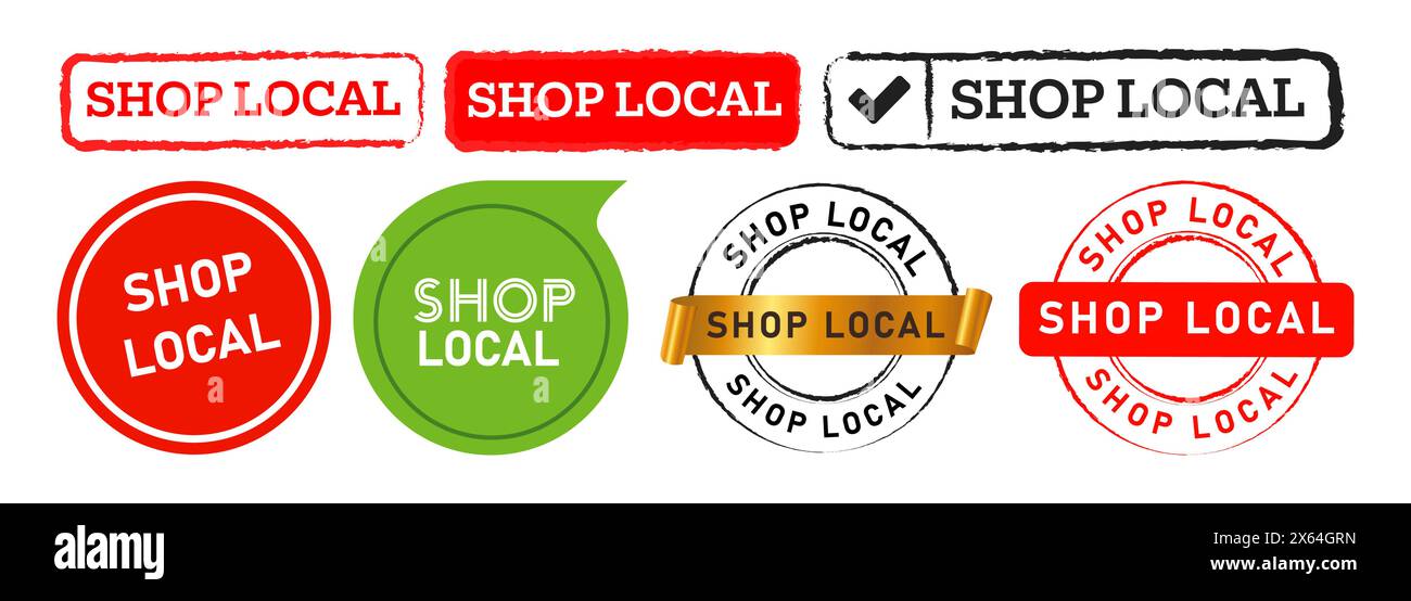 acquista il cartello autoadesivo con il timbro di gomma locale per le attività commerciali sul mercato locale Illustrazione Vettoriale