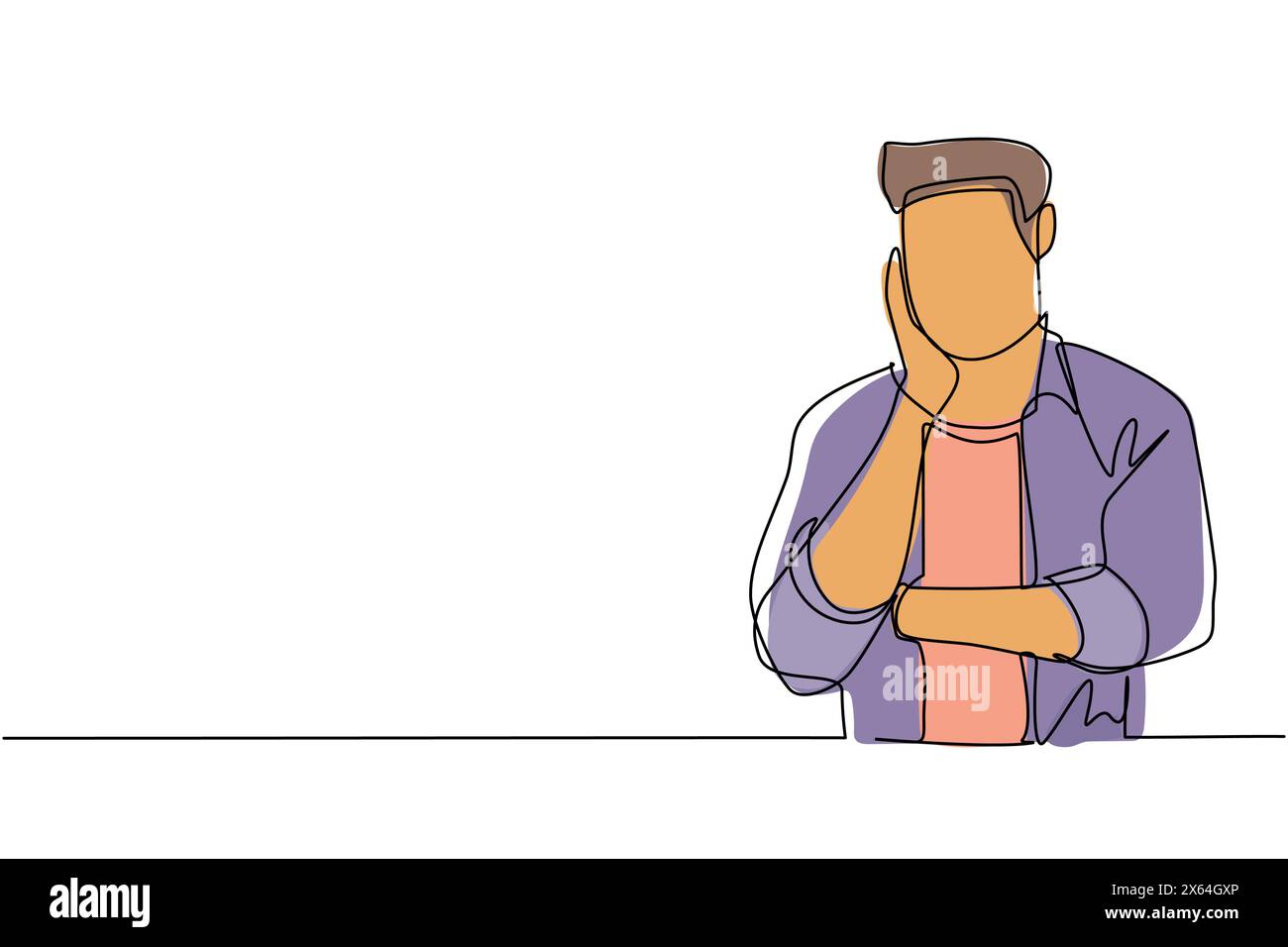 Continua una linea che disegna il giovane che tiene la mano sulla guancia con la mano incrociata. Persona stanca o annoiata che tiene la mano sul viso. Maschio affetto da dentifricio Illustrazione Vettoriale