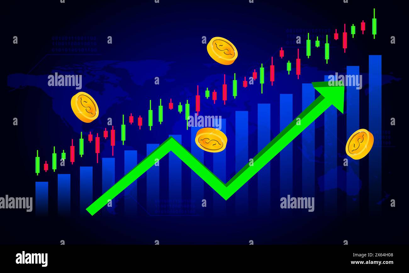 Freccia verde verso l'alto con le monete e il grafico a candeliere illustrazione vettoriale Stock Market Finance Technology Illustrazione Vettoriale