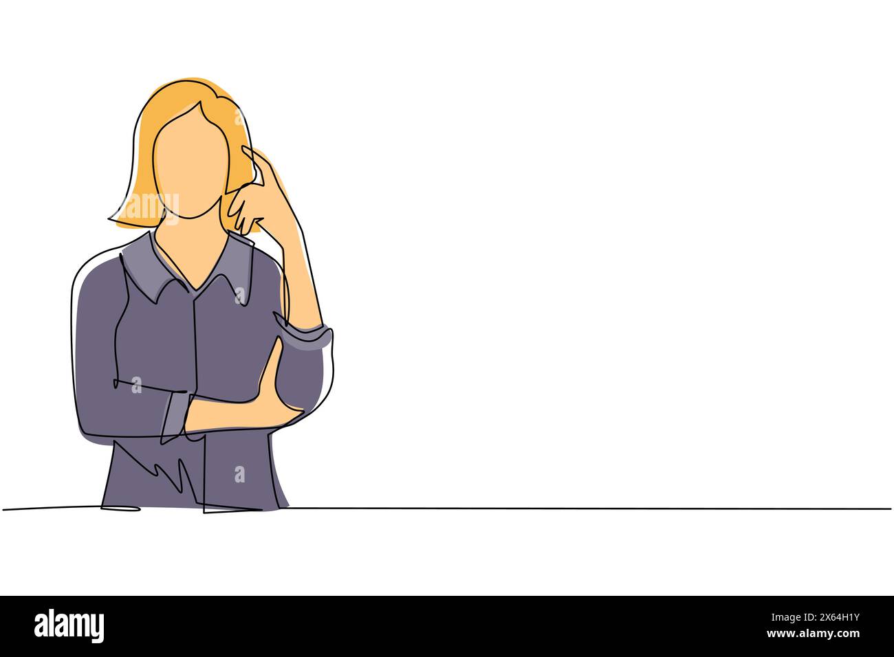 Linea singola continua che disegna una donna che tocca le tempie e ricorda qualcosa. Donna che tiene il dito sulla testa e si sente stanca stanca stanca, chroni Illustrazione Vettoriale