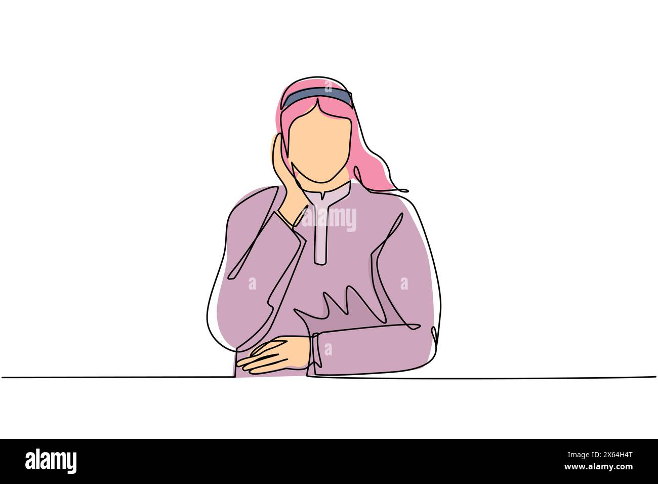 Continua una linea che disegna il giovane arabo che tiene la mano sulla guancia con la mano incrociata. Persona stanca o annoiata che tiene la mano sul viso. Uomo che soffre di Illustrazione Vettoriale