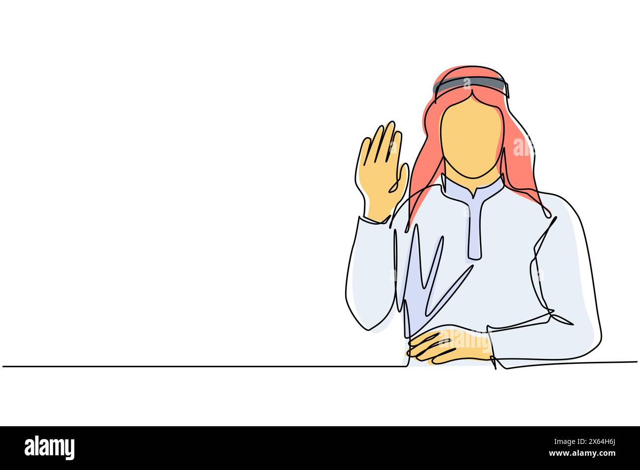 Una sola linea che attira un giovane uomo d'affari arabo che mostra la palma come segnale di stop, rimani, tieni o rifiuta. Emozione, concetto di linguaggio del corpo. Continua Illustrazione Vettoriale