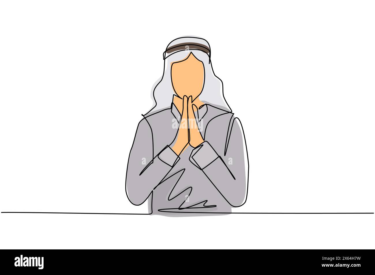 Linea singola continua disegnando un uomo d'affari arabo si scusa, implorando il cliente con le mani insieme con l'espressione di speranza sul viso molto emotiva e Wo Illustrazione Vettoriale