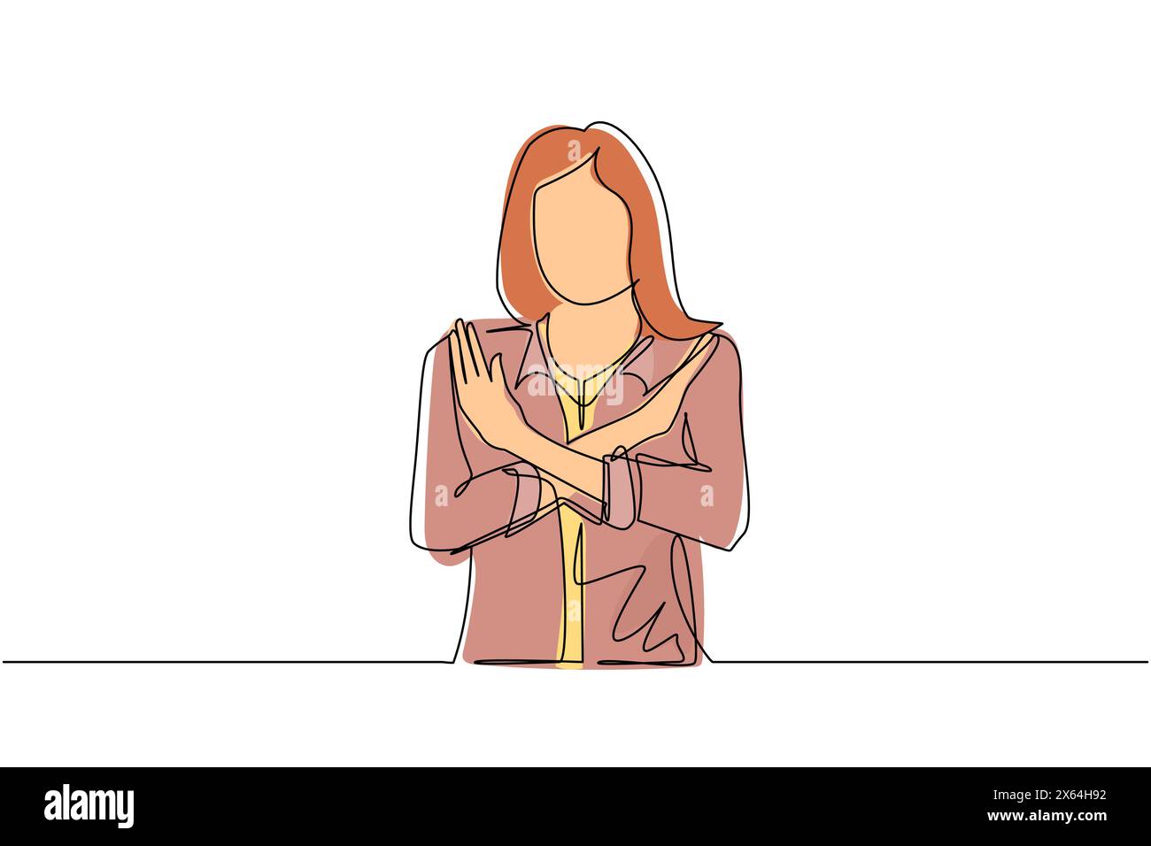 Linea singola continua che disegna una giovane donna che incrocia le braccia e non dice alcun gesto. Persona che crea la forma X, stop con le mani ed espressione negativa. O Illustrazione Vettoriale