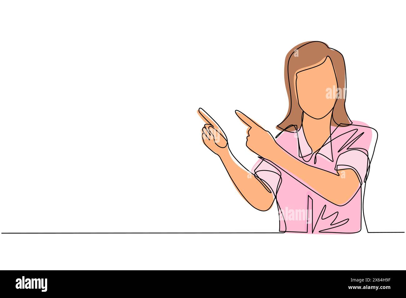 Continua su una linea che disegna una giovane donna che punta le mani insieme e mostra o presenta qualcosa mentre è in piedi e sorride. Emozione e corpo Illustrazione Vettoriale