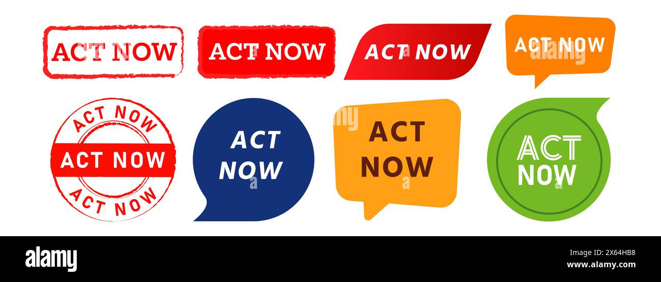 agisci ora con il simbolo rettangolare del cerchio e il simbolo della bolla vocale per un comportamento motivazionale Illustrazione Vettoriale