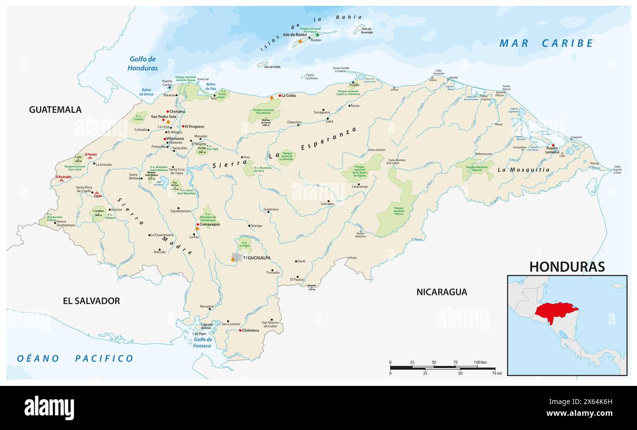 Mappa vettoriale dello stato dell'Honduras dell'America centrale Foto Stock