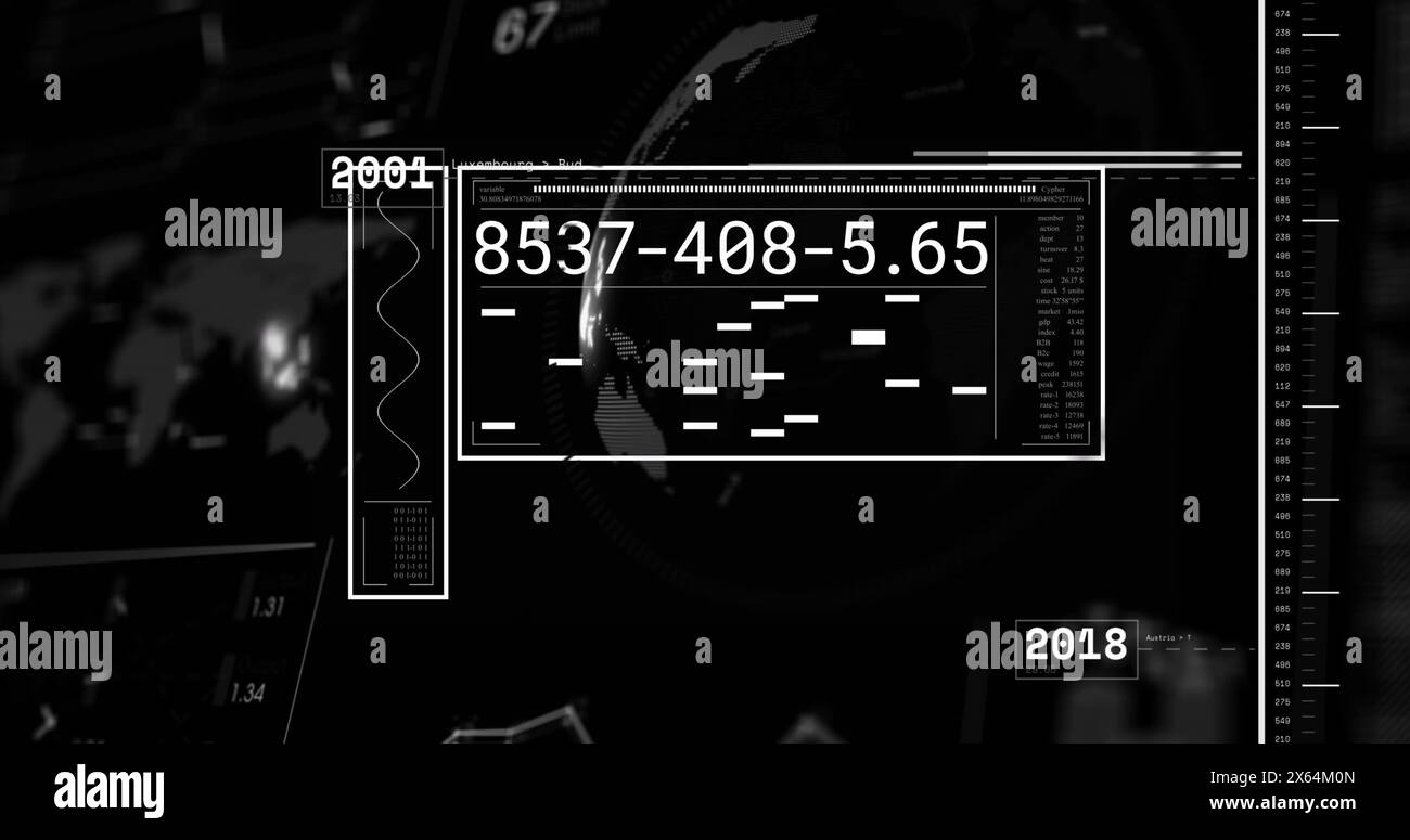 Immagine dell'interfaccia con l'elaborazione dei dati e il globo rotante su sfondo nero Foto Stock