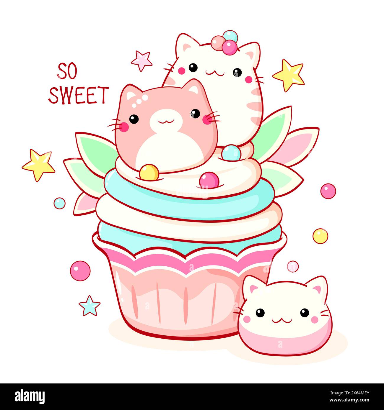 Delizioso dessert a forma di gatto in stile kawaii. Torta, muffin e cupcake con panna montata e frutti di bosco. Iscrizione così dolce. Può essere utilizzato per la stampa di t-shirt, s Foto Stock