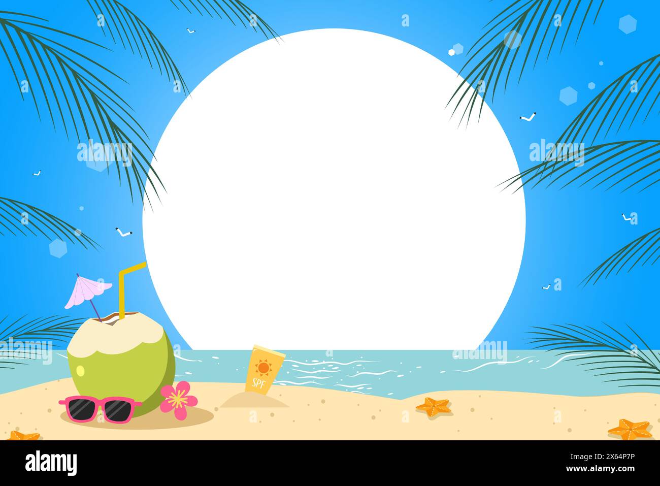 Design vettoriale estivo. Estate verticale sui social media. sfondo spiaggia di sabbia di cocco con elementi di stagione tropicale per rilassanti vacanze all'aperto Illustrazione Vettoriale