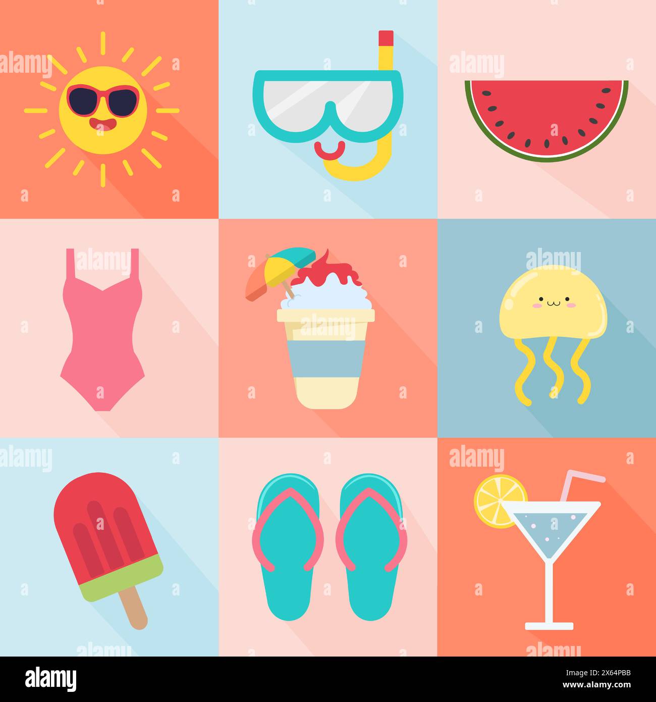 Modello estivo. Serie di poster vettoriali estivi. Gelati, ombrellone, infradito e un cocktail. Modelli di sfondo vettoriali astratti. Perfetto Illustrazione Vettoriale