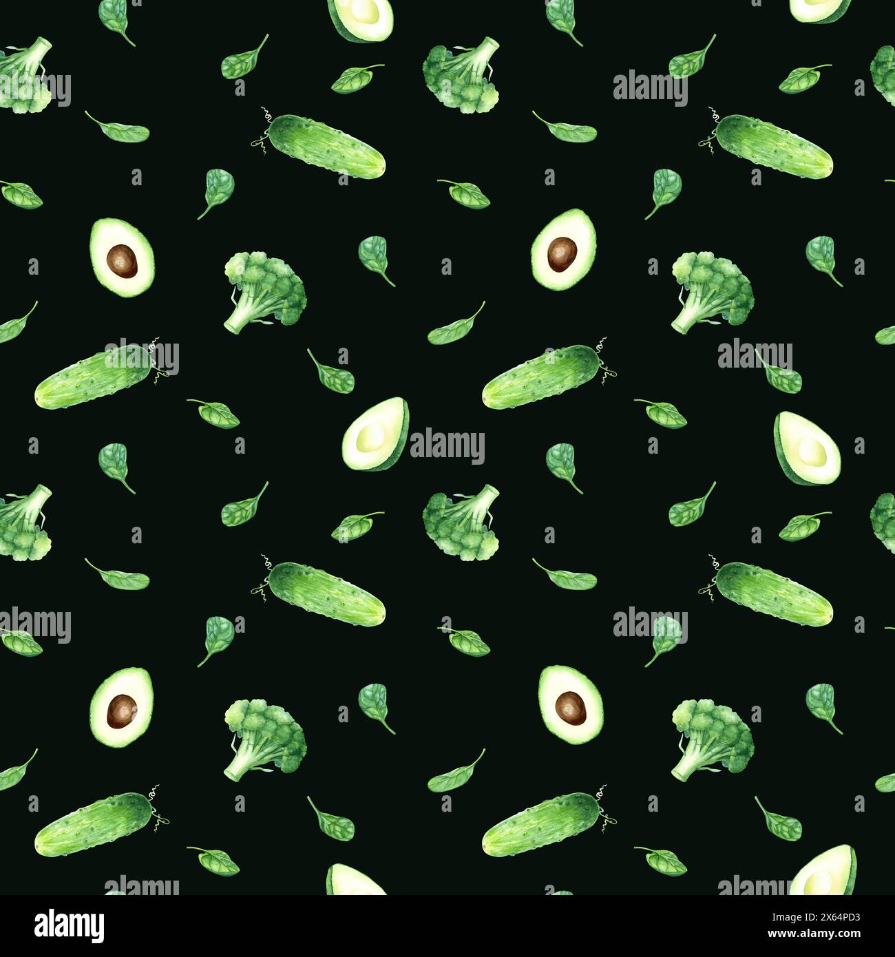 Modello senza cuciture con broccoli, spinaci e avocado di piante verdi sane. Illustrazione in acquerello per tessuti Foto Stock