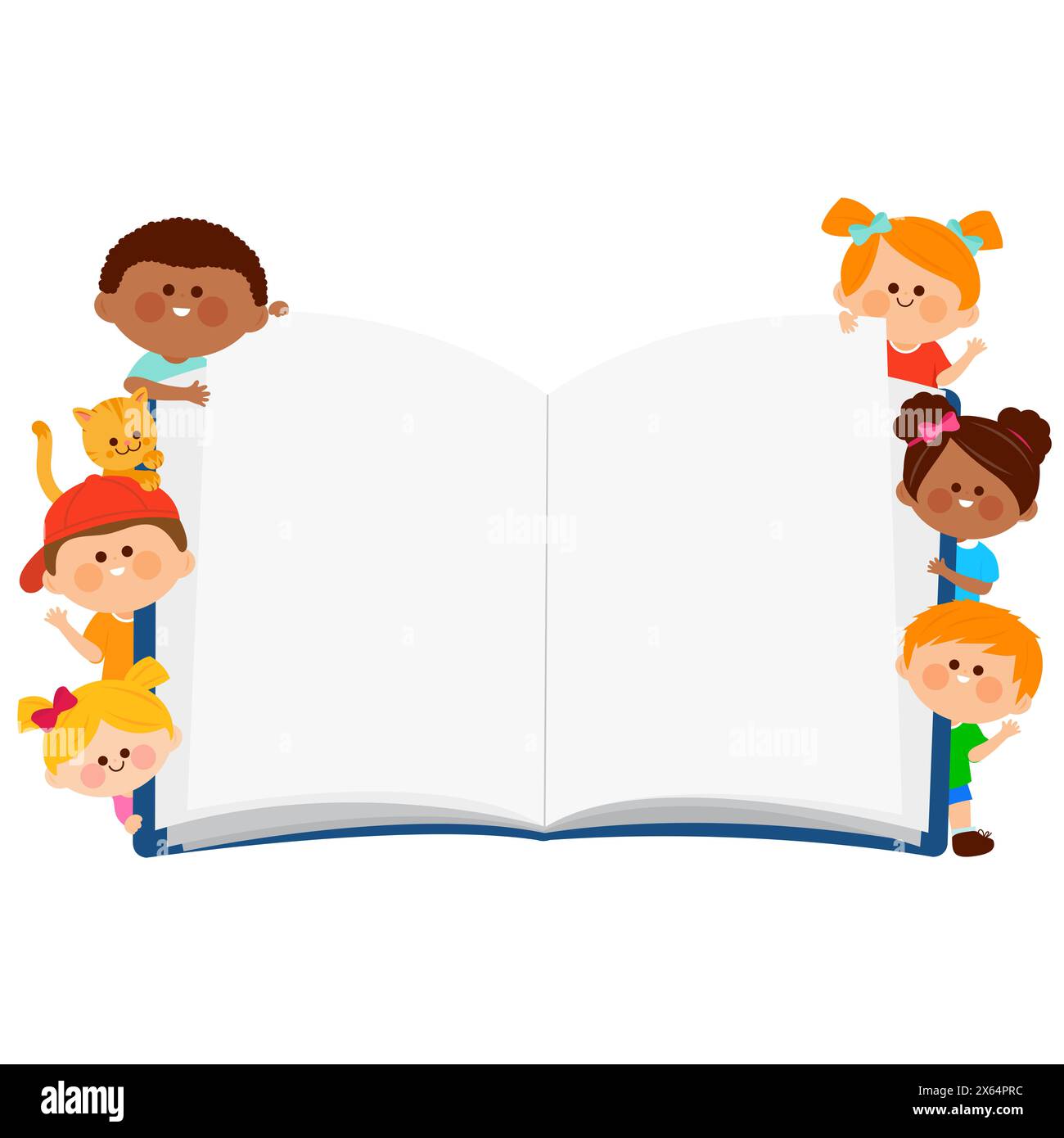 Sfondo del libro aperto con bambini. Bambini felici studenti che leggono libri. Foto Stock