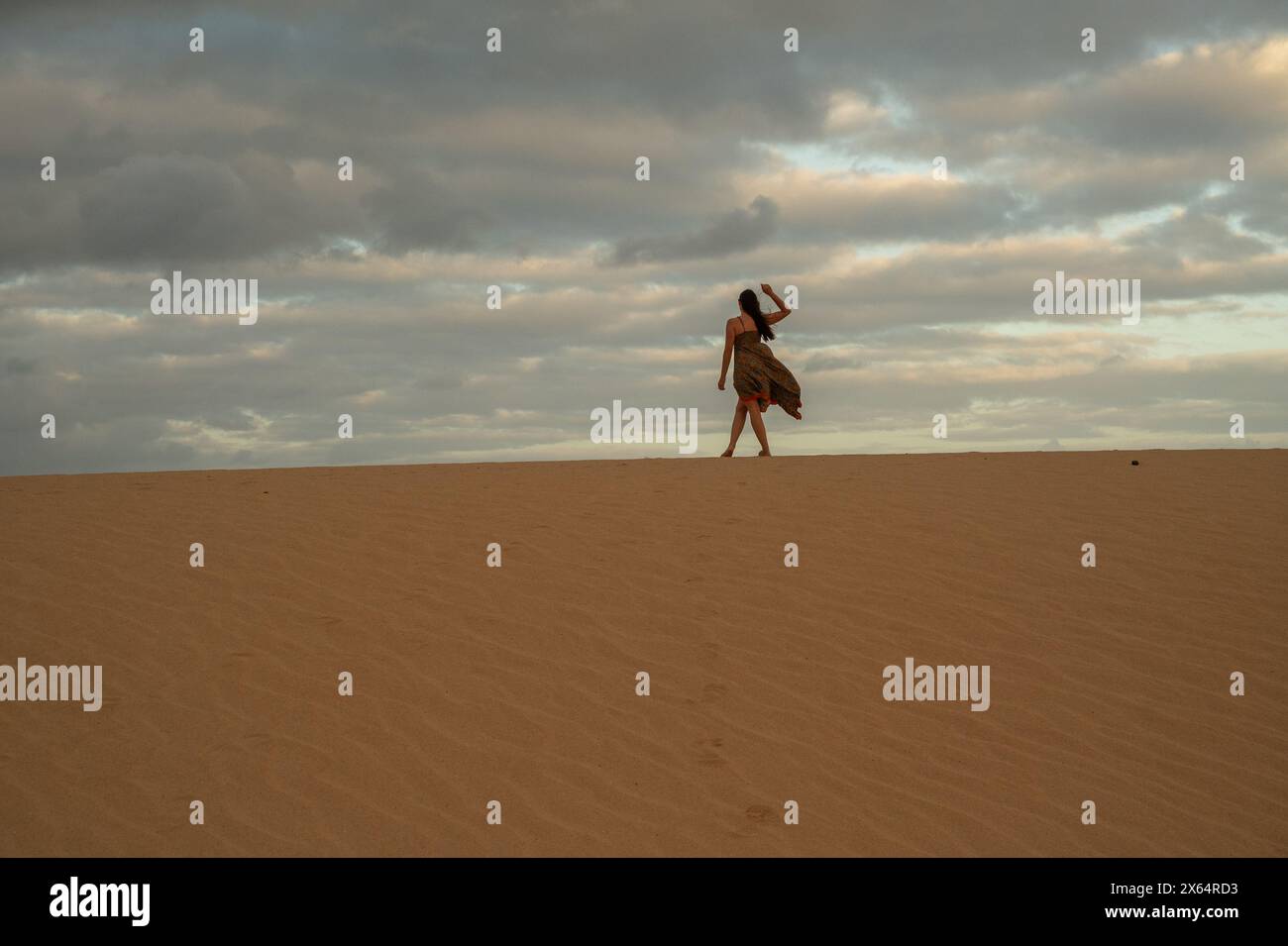 Una donna cammina su una spiaggia sabbiosa con un cielo nuvoloso sullo sfondo. La scena ha un umore pacifico e sereno, con l'abito della donna che scorre in t Foto Stock