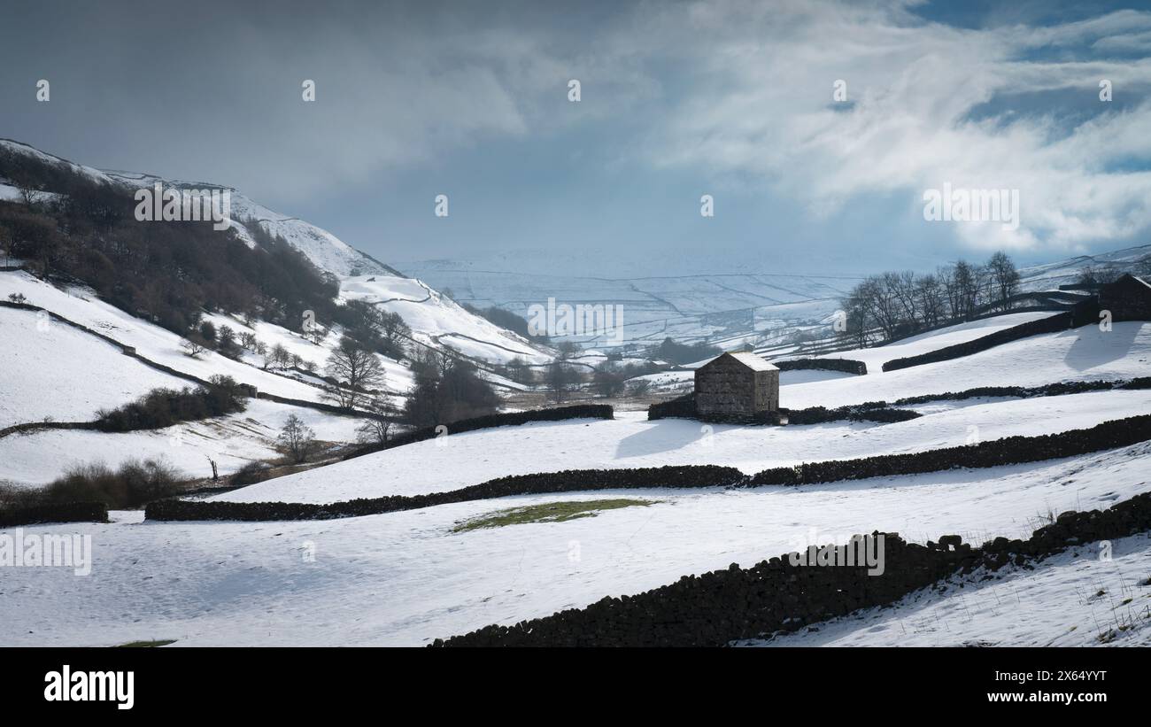 Neve a metà inverno intorno a Keld e Angram villaggi remoti a Swaledale, Regno Unito, Foto Stock