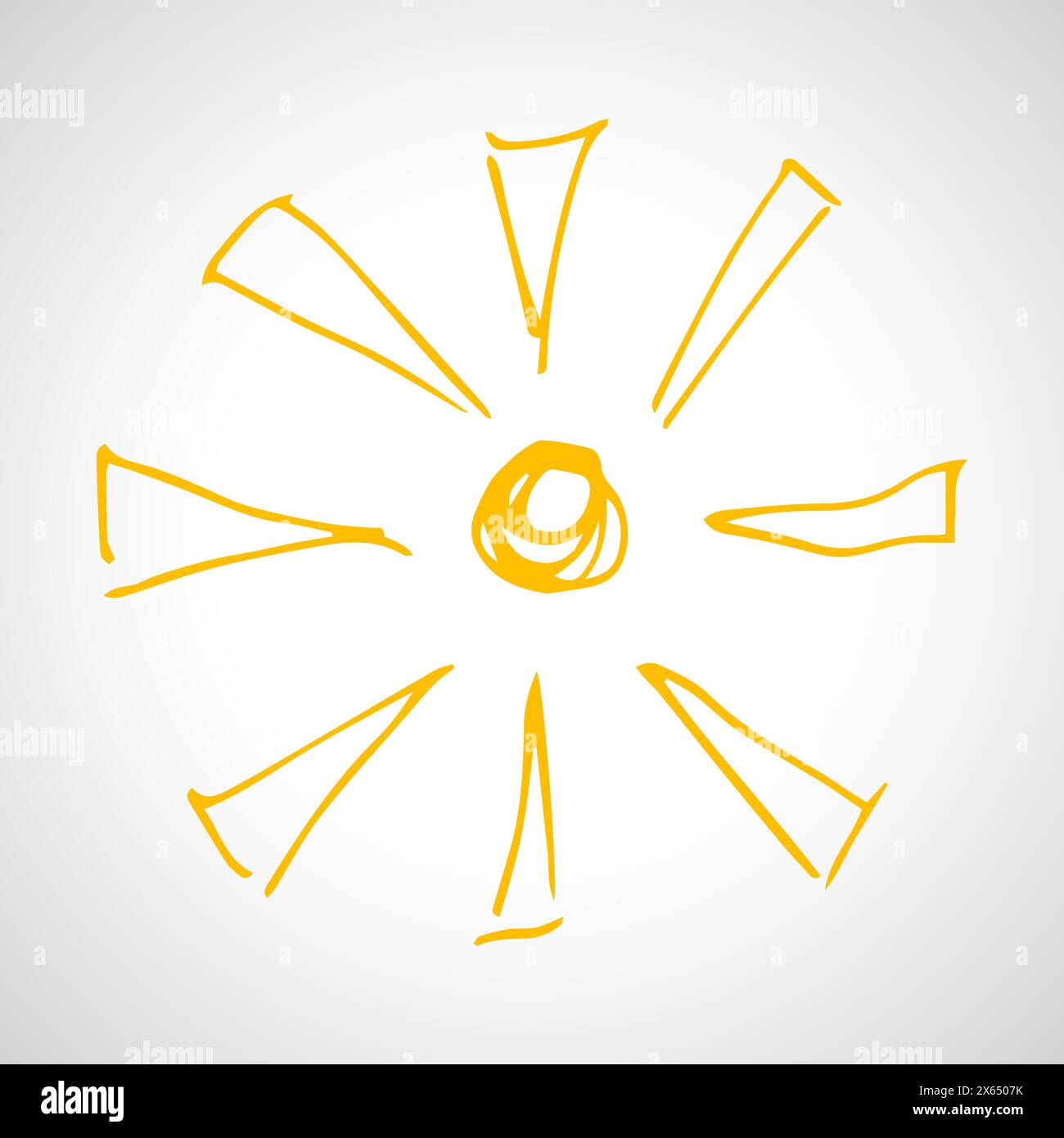 Sole disegnato a mano. Semplice schizzo del sole. Simbolo solare. Doodle giallo isolato su sfondo bianco. Illustrazione vettoriale. Illustrazione Vettoriale