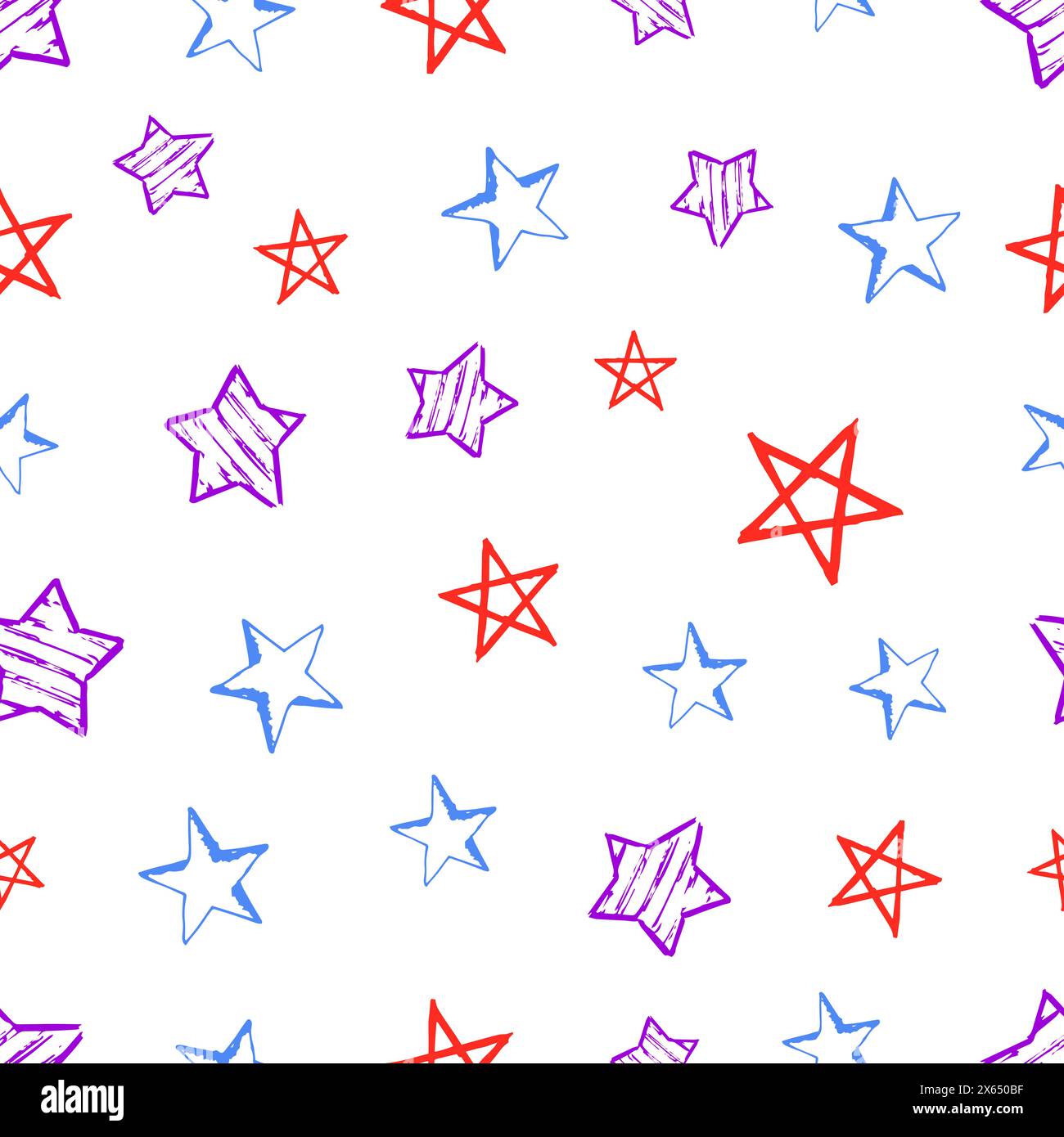 Sfondo perfetto di stelle doodle. Stelle multicolore disegnate a mano su sfondo bianco. Illustrazione vettoriale Illustrazione Vettoriale
