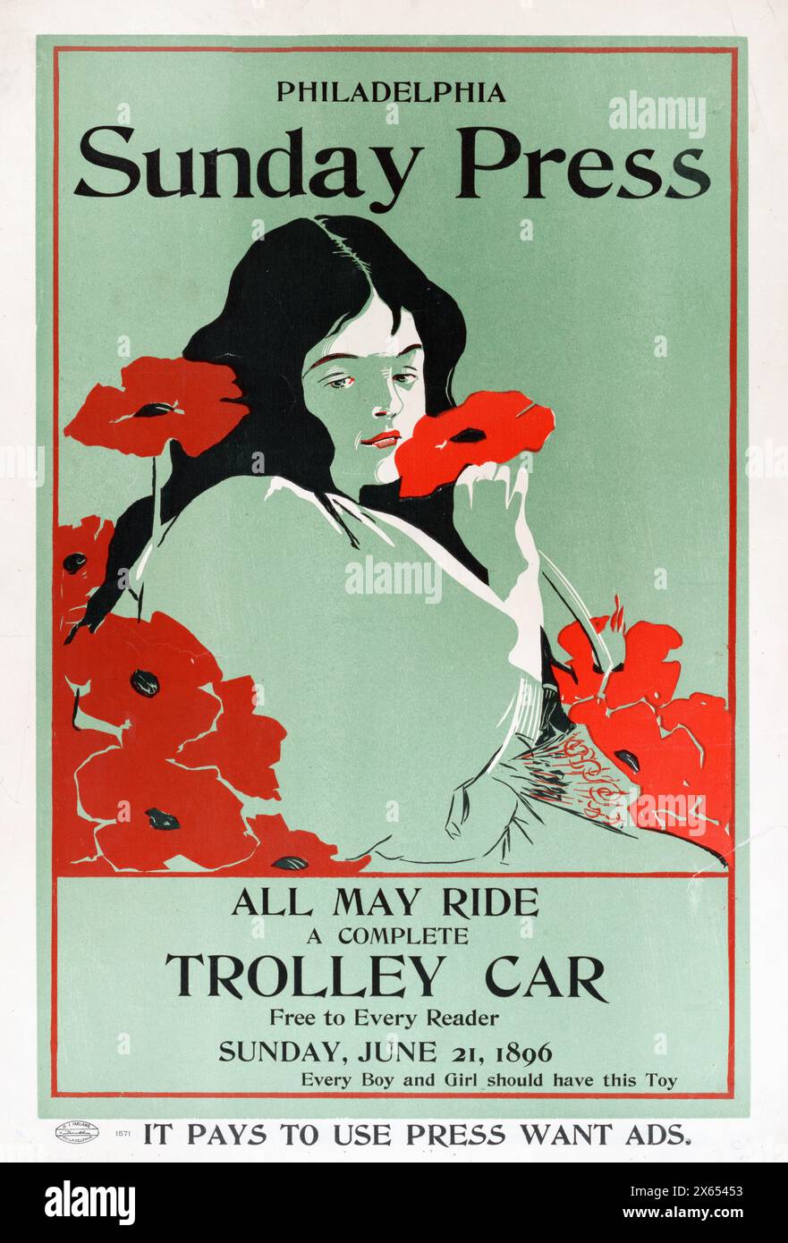 George Reiter Brill (illustratore americano, 1867-1918) Philadelphia Sunday Press, tutti possono viaggiare; un tram completo gratuito per ogni lettore, domenica 21 giugno 1896 - donna con fiori Foto Stock